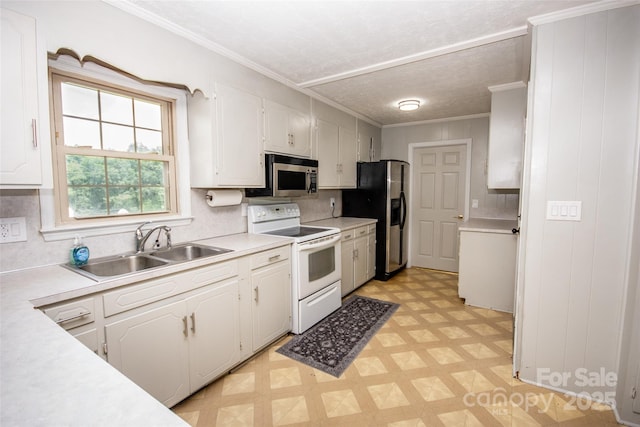 224 Mountain View Rd, Statesville, NC 28625 - kitchen with white range with electric stovetop, stainless steel microwave, refrigerator with ice dispenser, light flooring, and white cabinetry