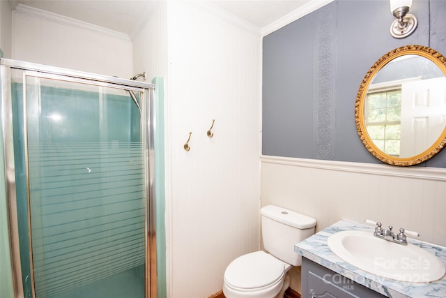 224 Mountain View Rd, Statesville, NC 28625 - bathroom featuring a stall shower, vanity, crown molding, and wainscoting