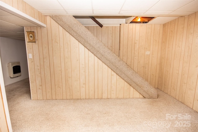 224 Mountain View Rd, Statesville, NC 28625 - finished basement featuring carpet, a drop ceiling, wood walls, and heating unit