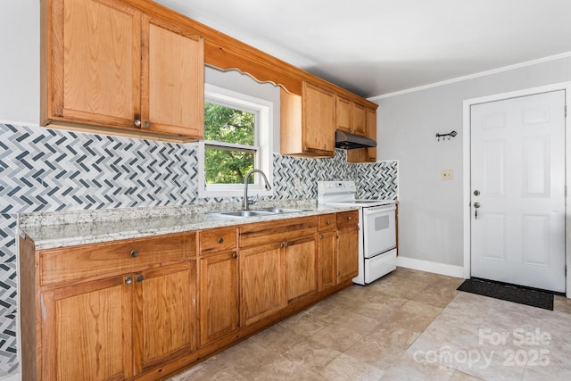1302 1st Ave NW, Hickory, NC 28601 - kitchen with electric stove, under cabinet range hood, tasteful backsplash, crown molding, and light stone countertops