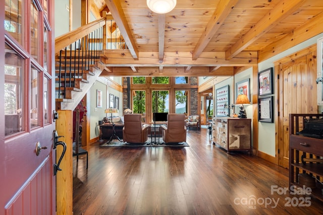 492 Henry Mountain Rd, Brevard, NC 28712 - living room featuring french doors, stairs, wood-type flooring, and a wooden ceiling with exposed beams