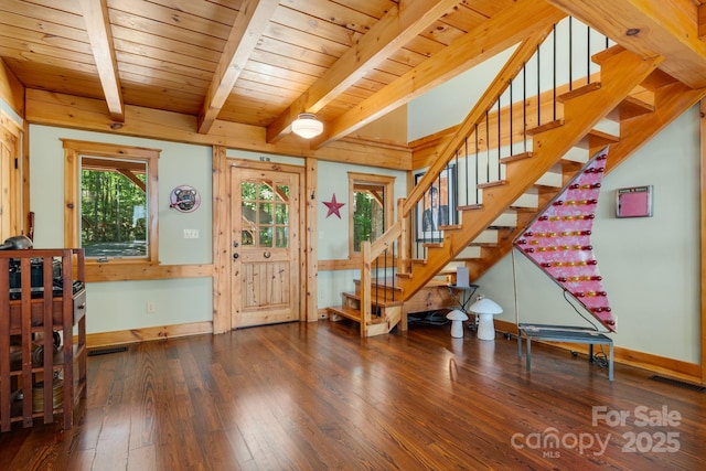 492 Henry Mountain Rd, Brevard, NC 28712 - entrance foyer with hardwood / wood-style flooring, stairway, and a wood ceiling with exposed beams