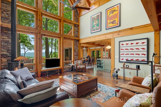 492 Henry Mountain Rd, Brevard, NC 28712 - living area featuring a high ceiling, a wood stove, and wood finished floors