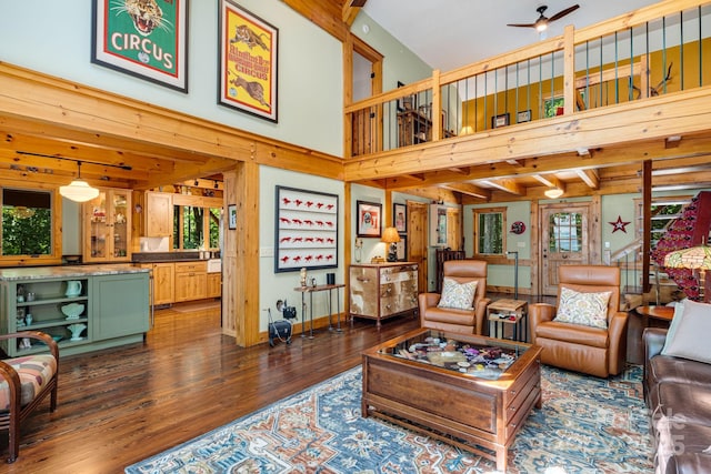 492 Henry Mountain Rd, Brevard, NC 28712 - living room with dark wood-type flooring, a ceiling fan, and a towering ceiling