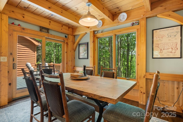 492 Henry Mountain Rd, Brevard, NC 28712 - dining area with plenty of natural light, a wooden ceiling with exposed beams, and wood finished floors