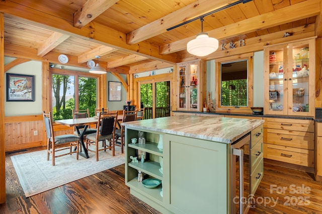 492 Henry Mountain Rd, Brevard, NC 28712 - kitchen with green cabinetry, beverage cooler, open shelves, dark wood-type flooring, and a wood ceiling with exposed beams