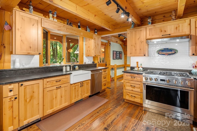 492 Henry Mountain Rd, Brevard, NC 28712 - kitchen with appliances with stainless steel finishes, rail lighting, light brown cabinets, dark wood finished floors, and a wooden ceiling with exposed beams