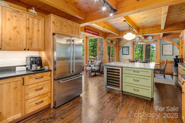 492 Henry Mountain Rd, Brevard, NC 28712 - kitchen with high quality fridge, wine cooler, a wood ceiling with exposed beams, green cabinets, and dark wood-type flooring
