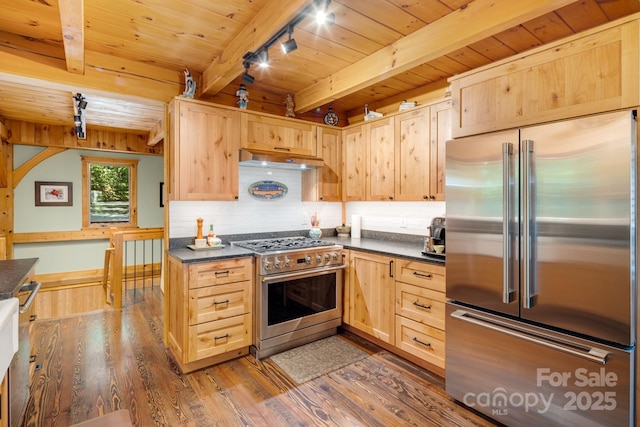 492 Henry Mountain Rd, Brevard, NC 28712 - kitchen featuring high end appliances, light brown cabinetry, dark countertops, a wooden ceiling with exposed beams, and dark wood finished floors