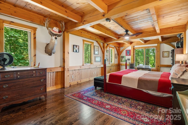 492 Henry Mountain Rd, Brevard, NC 28712 - bedroom with wood finished floors, multiple windows, wainscoting, a wood ceiling with exposed beams, and wood walls