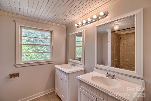 315 E Marion St, Kershaw, SC 29067 - bathroom featuring two vanities, tile patterned floors, crown molding, and wooden ceiling