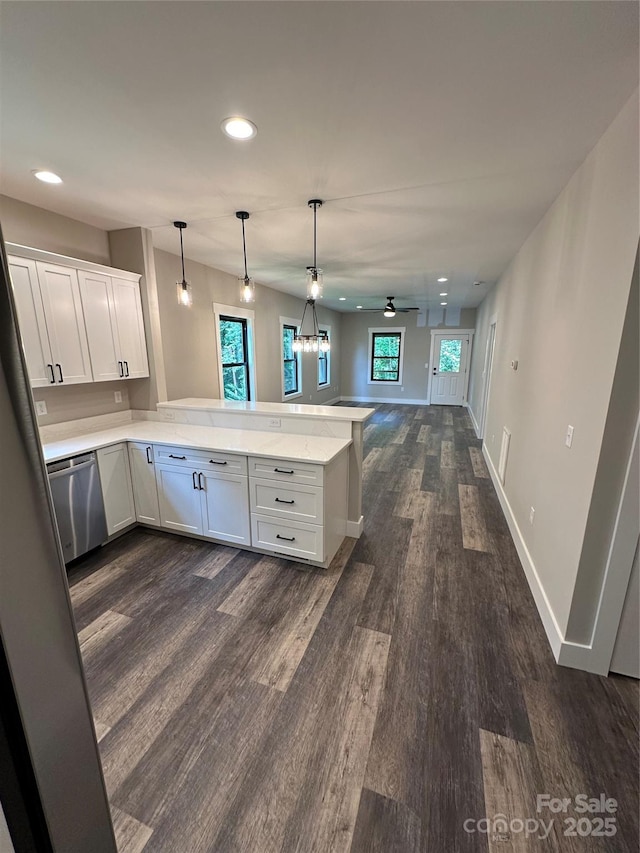 2031 S Oconeechee Ave, Black Mountain, NC 28711 - kitchen with stainless steel dishwasher, a peninsula, recessed lighting, dark wood finished floors, and white cabinetry