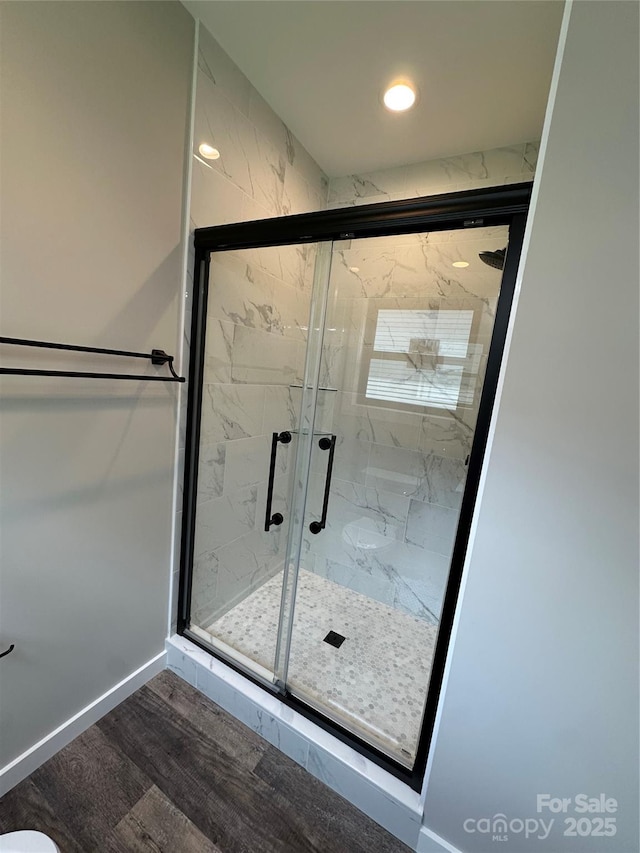 2031 S Oconeechee Ave, Black Mountain, NC 28711 - full bath with wood finished floors, a marble finish shower, and recessed lighting