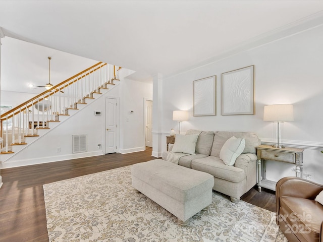 10527 Breamore Dr, Charlotte, NC 28270 - living area with stairs, wood finished floors, and ceiling fan