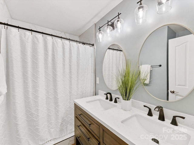 10527 Breamore Dr, Charlotte, NC 28270 - full bath with double vanity and a shower with curtain