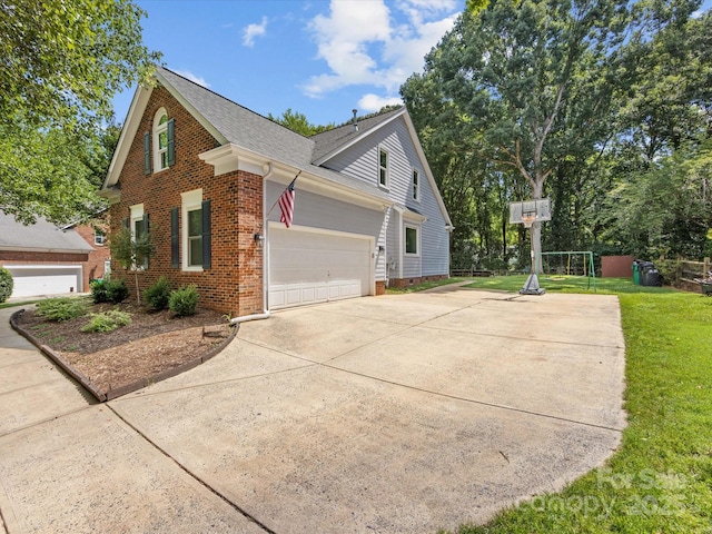 10527 Breamore Dr, Charlotte, NC 28270 - view of side of property featuring brick siding, driveway, a lawn, a shingled roof, and an attached garage