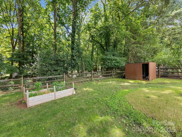 10527 Breamore Dr, Charlotte, NC 28270 - fenced backyard with a garden and a storage unit