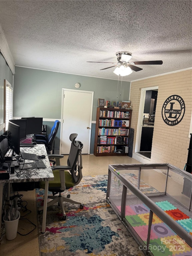 804 Lee St, Kings Mountain, NC 28086 - office space with ceiling fan, a textured ceiling, brick wall, and crown molding