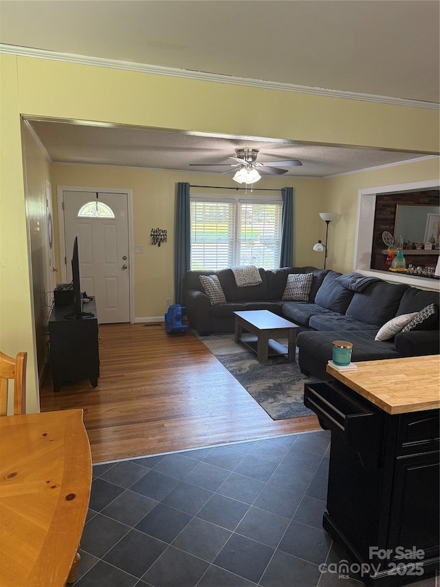 804 Lee St, Kings Mountain, NC 28086 - living area with dark tile patterned floors, crown molding, and a ceiling fan