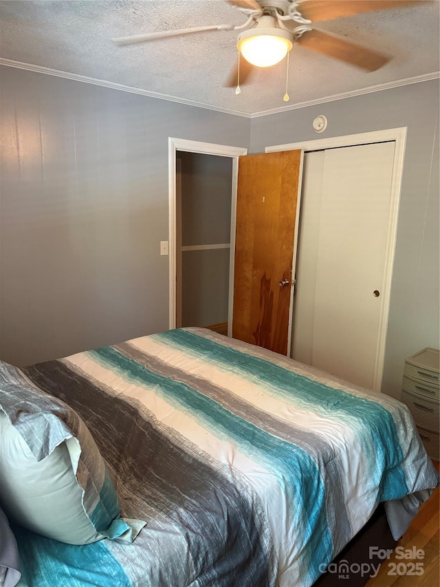 804 Lee St, Kings Mountain, NC 28086 - bedroom featuring crown molding, a closet, ceiling fan, and a textured ceiling