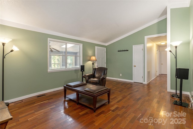 18 Peaceful Valley Ln, Flat Rock, NC 28731 - sitting room featuring vaulted ceiling, dark wood-style flooring, and crown molding