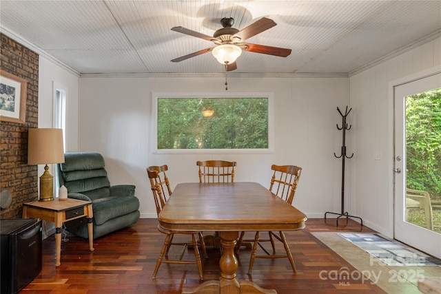 18 Peaceful Valley Ln, Flat Rock, NC 28731 - dining area featuring hardwood / wood-style flooring, a ceiling fan, and ornamental molding
