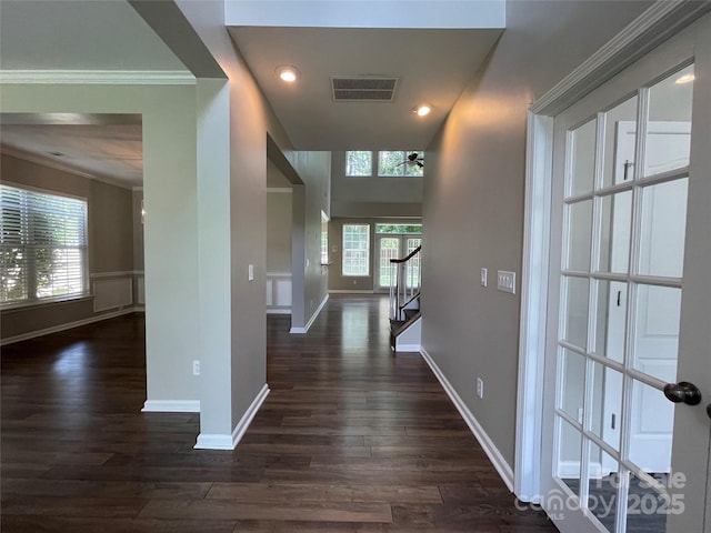 2834 Ritz Ln, Matthews, NC 28105 - entryway with dark wood finished floors, ornamental molding, stairs, recessed lighting, and ceiling fan
