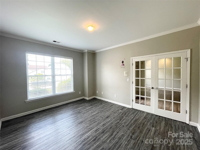 2834 Ritz Ln, Matthews, NC 28105 - unfurnished room with french doors, ornamental molding, and dark wood-style flooring