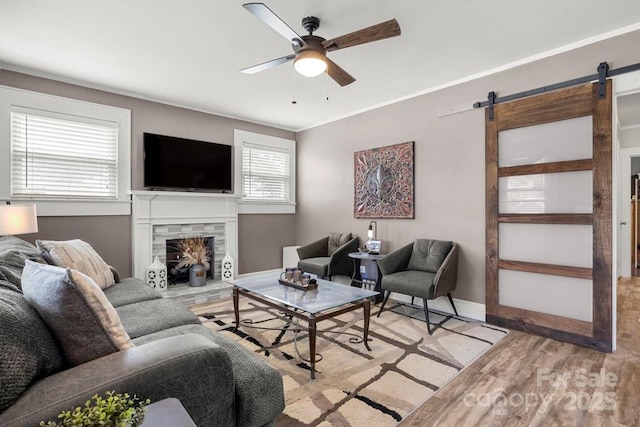 305 E Marion St, Kershaw, SC 29067 - living room featuring ceiling fan, light wood-type flooring, a barn door, and a fireplace with raised hearth