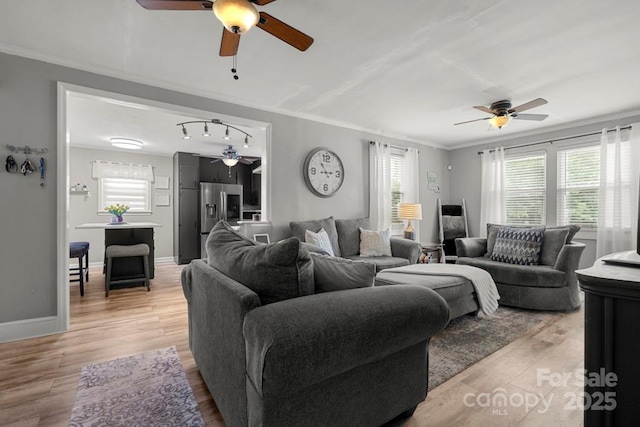 305 E Marion St, Kershaw, SC 29067 - living area with ceiling fan, ornamental molding, light wood-type flooring, and track lighting