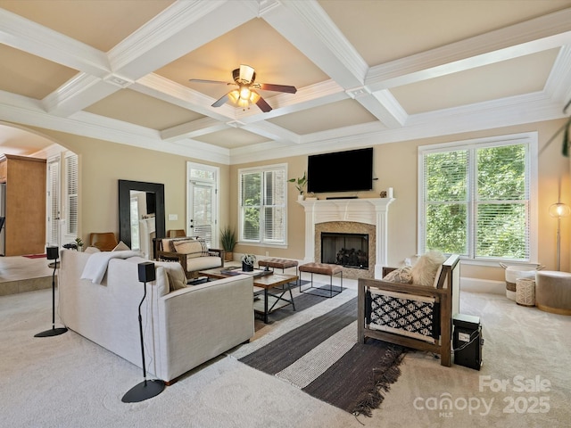 8407 Rolling Fields Rd, Mint Hill, NC 28227 - living room with carpet, crown molding, coffered ceiling, beamed ceiling, and a high end fireplace