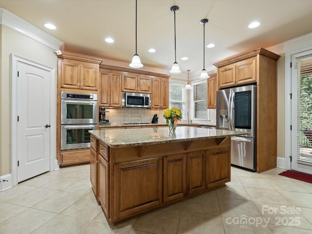 8407 Rolling Fields Rd, Mint Hill, NC 28227 - kitchen featuring stainless steel appliances, stone counters, a kitchen island, tasteful backsplash, and ornamental molding
