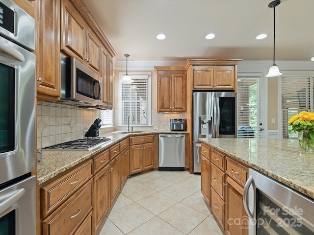 8407 Rolling Fields Rd, Mint Hill, NC 28227 - kitchen with stainless steel appliances, beverage cooler, brown cabinets, decorative backsplash, and recessed lighting