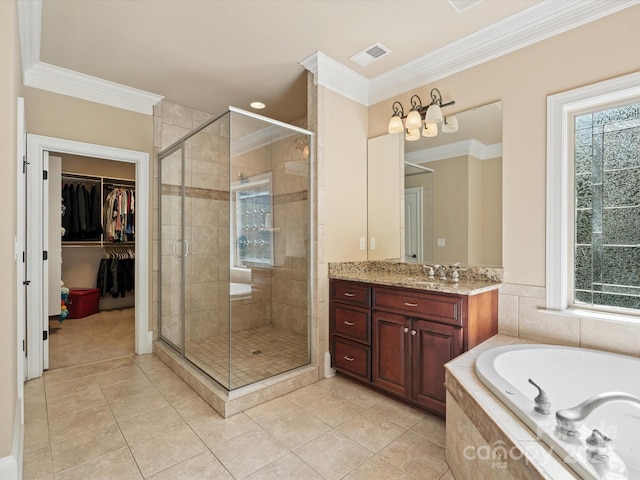 8407 Rolling Fields Rd, Mint Hill, NC 28227 - bathroom featuring a garden tub, vanity, a shower stall, crown molding, and tile patterned floors