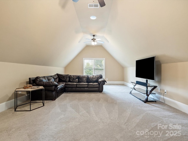 8407 Rolling Fields Rd, Mint Hill, NC 28227 - living room featuring ceiling fan, carpet floors, and lofted ceiling