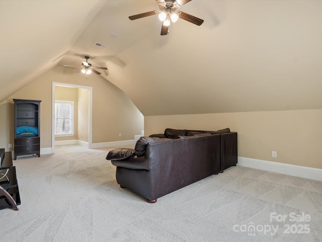 8407 Rolling Fields Rd, Mint Hill, NC 28227 - living area with a ceiling fan, light colored carpet, and vaulted ceiling