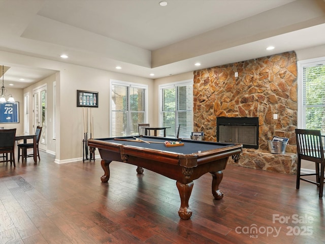 8407 Rolling Fields Rd, Mint Hill, NC 28227 - recreation room featuring wood-type flooring, billiards, a tray ceiling, recessed lighting, and a fireplace