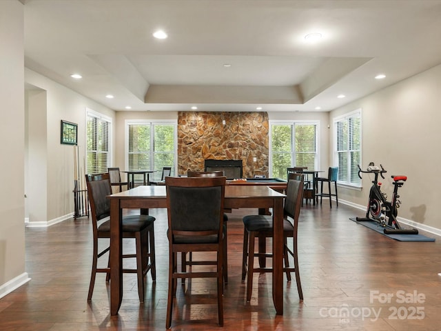 8407 Rolling Fields Rd, Mint Hill, NC 28227 - dining room featuring a raised ceiling, dark wood finished floors, recessed lighting, and plenty of natural light