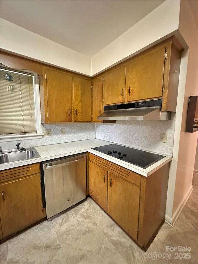 2128 Senior Dr, Charlotte, NC 28216 - kitchen featuring stainless steel dishwasher, under cabinet range hood, black electric stovetop, and brown cabinetry