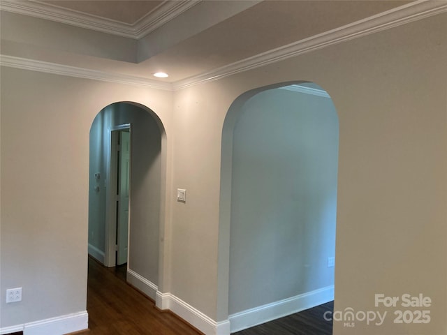 1162 Brighton Pl, Charlotte, NC 28205 - empty room with wood finished floors, recessed lighting, arched walkways, and ornamental molding