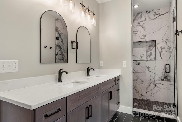 299 Collingswood Dr, Concord, NC 28027 - full bathroom featuring double vanity, a marble finish shower, and tile patterned floors