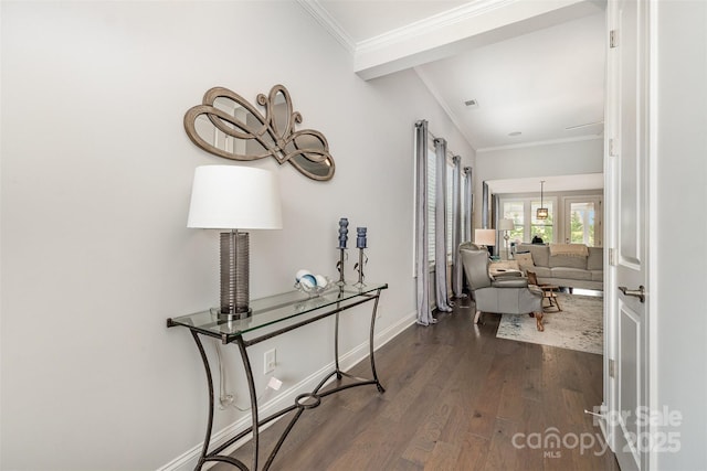 7025 Overjoyed Xing, Charlotte, NC 28215 - corridor with ornamental molding and dark wood finished floors