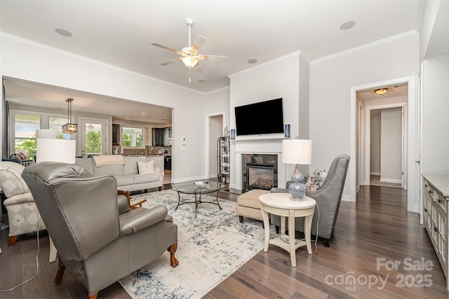7025 Overjoyed Xing, Charlotte, NC 28215 - living area featuring ornamental molding, dark wood-style flooring, a ceiling fan, and a glass covered fireplace