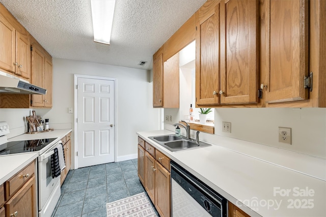 659 Primrose Ln NW, Concord, NC 28027 - kitchen featuring white appliances, under cabinet range hood, light countertops, a textured ceiling, and brown cabinetry