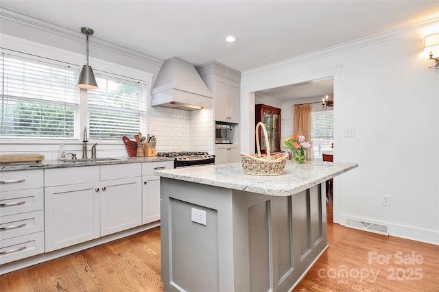427 Lansdowne Rd, Charlotte, NC 28270 - kitchen with custom exhaust hood, stainless steel appliances, tasteful backsplash, light wood-style flooring, and crown molding