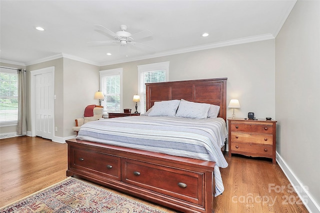 427 Lansdowne Rd, Charlotte, NC 28270 - bedroom featuring light wood-type flooring, ornamental molding, recessed lighting, and ceiling fan