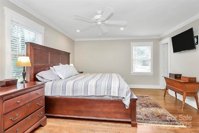 427 Lansdowne Rd, Charlotte, NC 28270 - bedroom with recessed lighting, light wood-style floors, ornamental molding, and ceiling fan