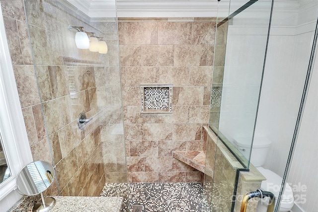 427 Lansdowne Rd, Charlotte, NC 28270 - bathroom with ornamental molding and tiled shower
