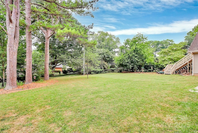 427 Lansdowne Rd, Charlotte, NC 28270 - view of green lawn featuring view of wooded area and stairway