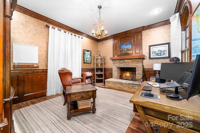 200 Galey Rdg, Cramerton, NC 28032 - living area with wood finished floors, a chandelier, a fireplace, ornamental molding, and an office area